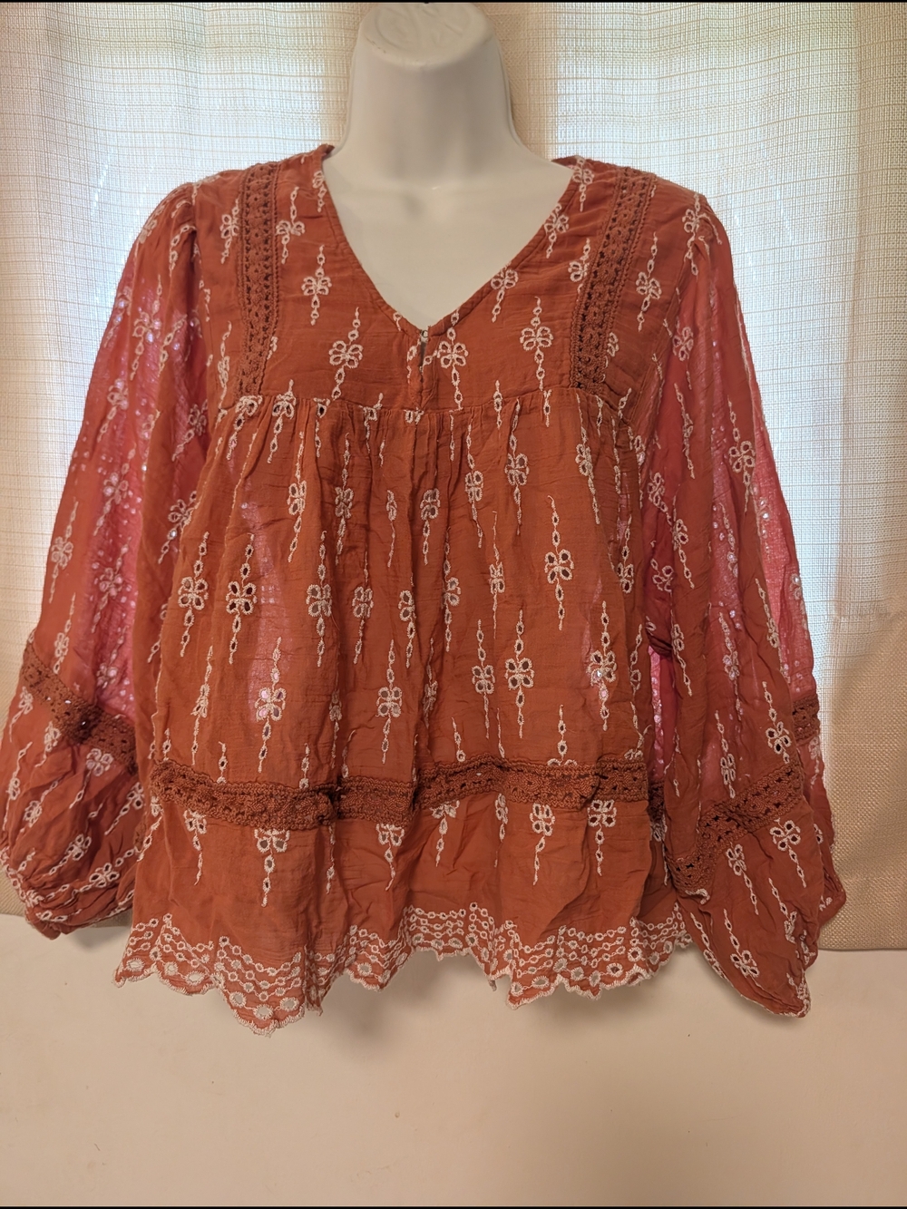 American Eagle Outfitters Rust Orange Embroidered Peasant Top Hobo
